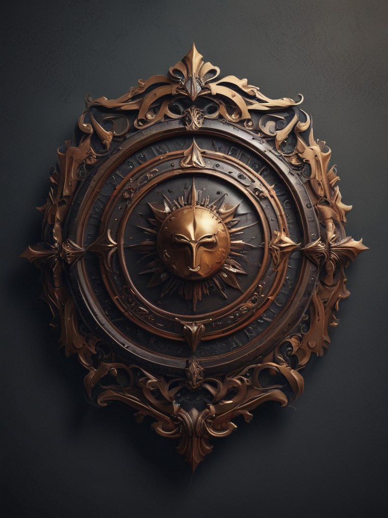 Intricately Designed Ornate Shield Featuring a Golden Sun Emblem