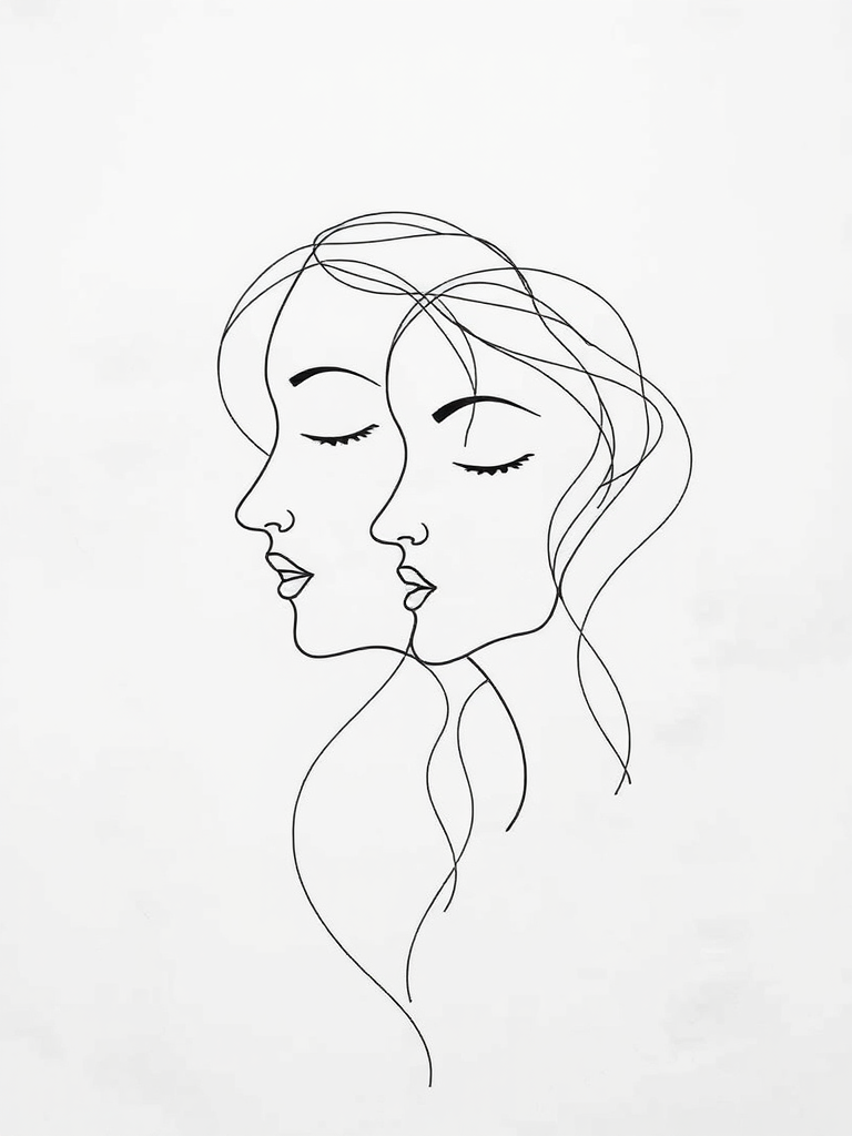 Create a minimalist abstract line drawing featuring intertwined faces and flowing curves, using a high-resolution digital camera; settings: ISO 100, aperture f/5.6, shutter speed 1/60s; perspective view with a clean white background and soft lighting to enhance contrast.