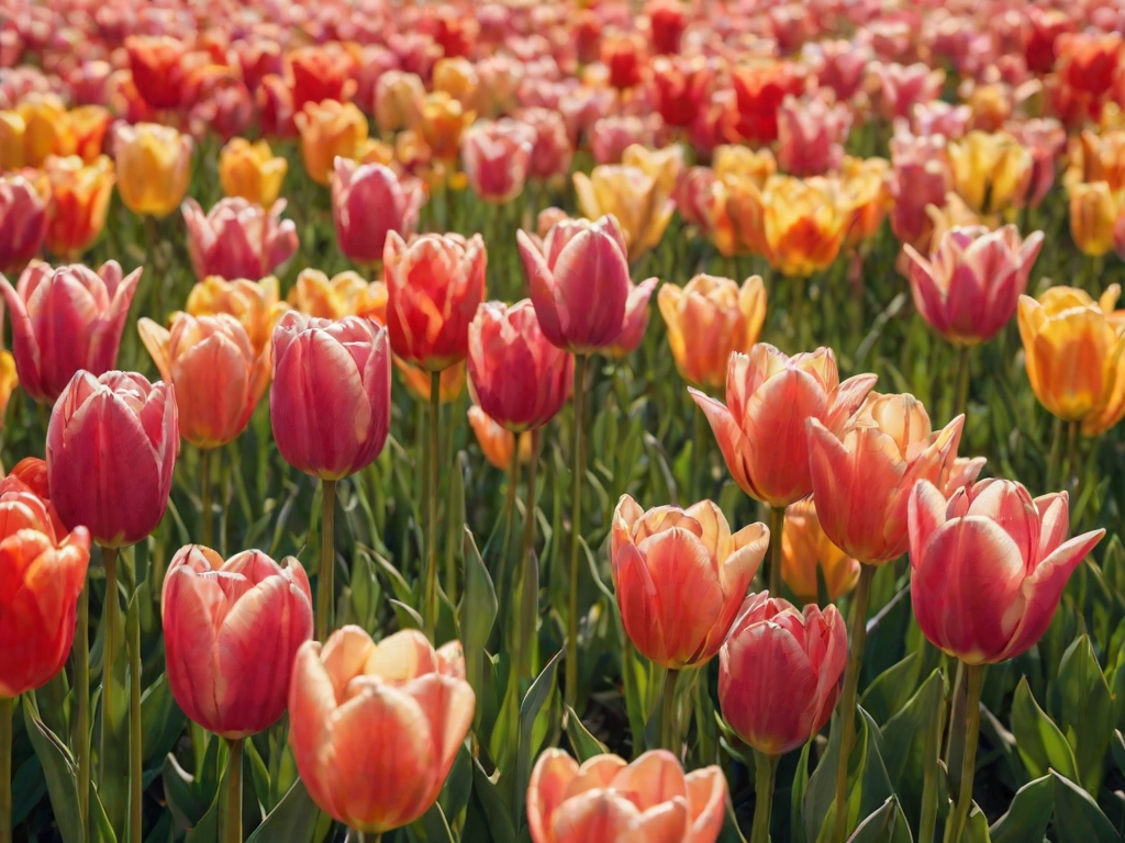 Soft-focus image of a field of tulips in full bloom, soft sunlight illuminating the vibrant colors, with a gentle breeze causing the flowers to sway.