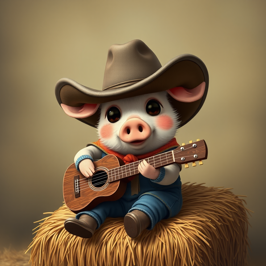A chibi pig, dressed as a cowboy, playing guitar, sitting on a hay bale