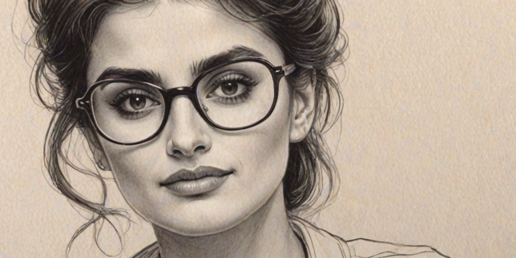 Charming Pen'lope Cruz, pencil sketch, portrait of Radiant woman 1976s in glasses, hair style beatnik, outline, clear lines, fine lines, 8k
