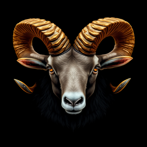 Create a highly detailed digital illustration of a ram's head with ornate golden horns and glowing eyes against a black background, using a high-resolution 50mm lens with f/1.8 aperture, ISO 100, under soft studio lighting for enhanced sharpness and contrast.