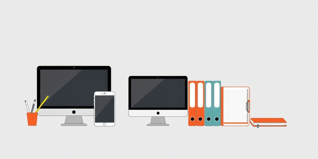Create a minimalist graphic illustration of digital devices and office supplies including a tablet with a stylus, a smartphone, a computer monitor, three binders, two folders, and a notebook, use a soft gray background, capture with a DSLR camera at f/2.8, ISO 100, 24mm focal length, and soft lighting for clarity and detail.