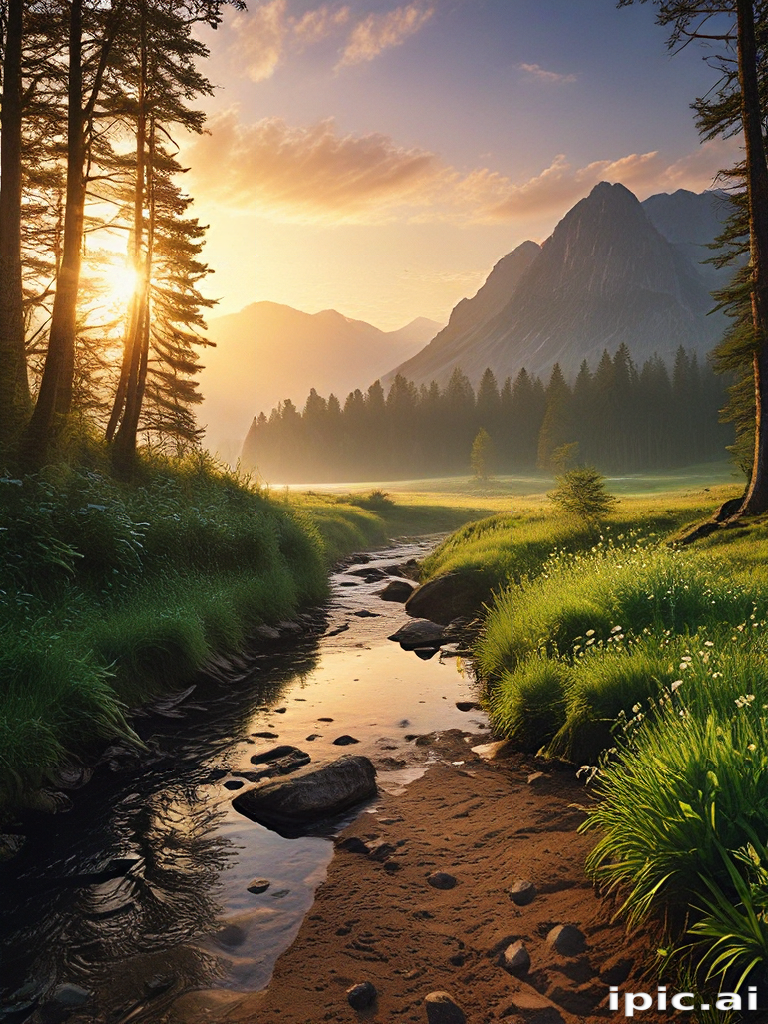 Tranquil Sunrise Over a Serene Mountain Stream in Lush Green Valley