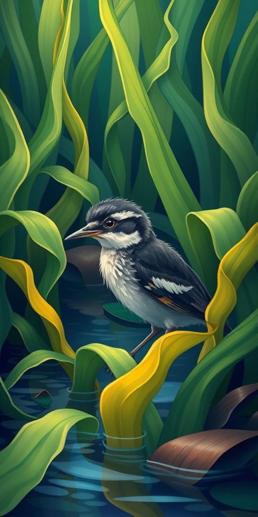 Create a vibrant illustration of a young bird amid lush, wavy aquatic plants, using a Canon EOS 5D Mark IV with a 50mm f/1.8 lens, aperture set to f/2.8, ISO 200, and a slight vignette effect for added depth.