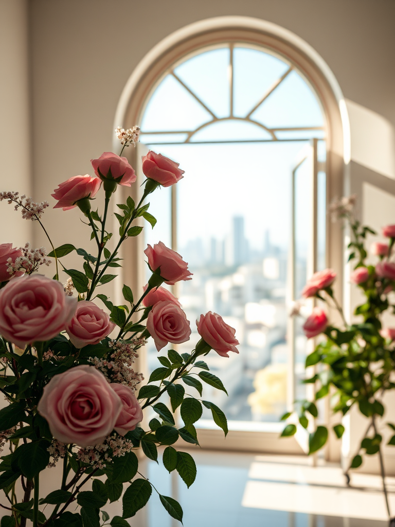a beautiful indoor scene with a large arched window framed by pink roses and delicate flowers, overlooking a city skyline, bright natural light flooding the room, soft shadows, f/2.8 aperture, ISO 100, 24mm lens, DSLR camera, soft focus style, high resolution