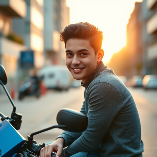 Portrait of a young man sitting on a blue motorcycle, slightly turned with a smile, urban background, golden hour lighting, aperture f/1.8, shutter speed 1/200s, ISO 200, 50mm lens, shallow depth of field, soft bokeh.