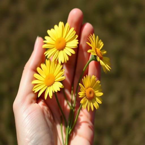 Create a hyper-realistic illustration of a hand holding three yellow daisies with intricate detail, focus on lighting and shadows, shot in natural light with a DSLR camera, 50mm lens, f/2.8 aperture, ISO 100, shallow depth of field.