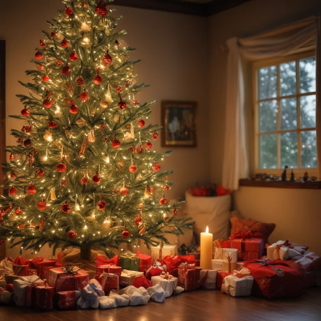 Cozy Christmas Scene Featuring a Beautifully Decorated Tree and Gifts