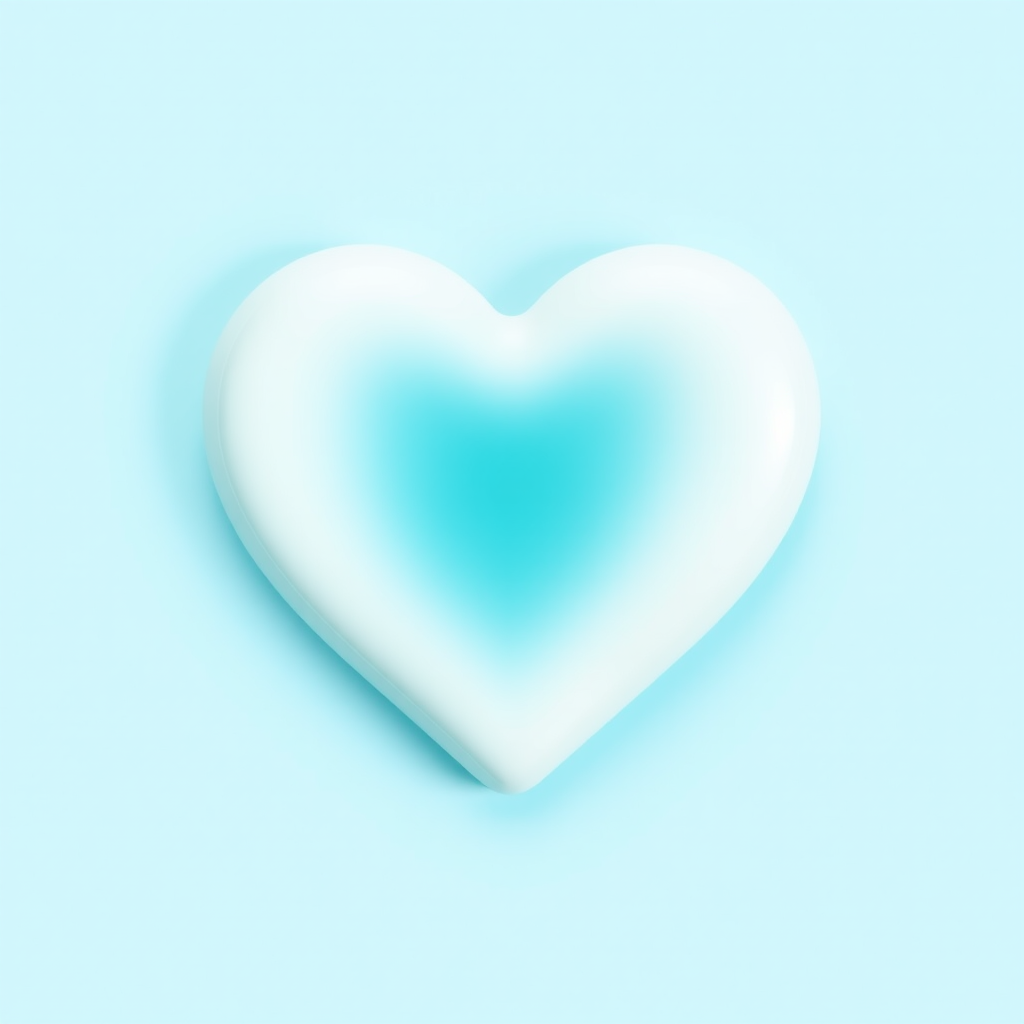 Create a smooth, glossy teal heart shape with a gradient fill from light teal to white, using a macro lens on a DSLR camera, aperture set to f/2.8, ISO 100, with soft natural lighting for a refined look.