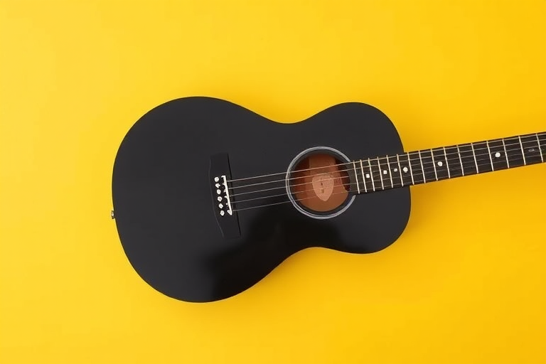 Create a minimalist image of a black guitar rounded body with visible strings and a pick on a bright yellow background, using a DSLR camera with a 50mm lens at f/1.8, ISO 100, and a shallow depth of field to enhance focus on the guitar details.