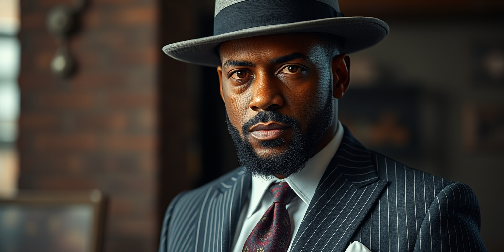 create a high-resolution image of a well-dressed man in a pinstripe suit and hat, captured using a Canon EOS R5 at f/1.8, 1/200s, ISO 100, with a soft focus background and dramatic lighting to highlight textures and details, in portrait orientation.