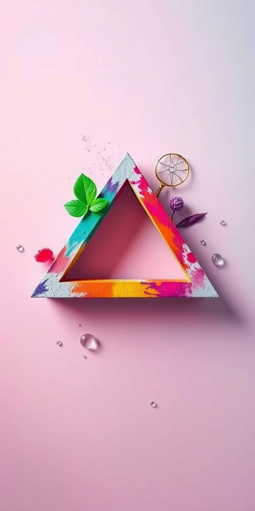 Create a 3D rendering of a colorful painted triangle illusion with a smooth gradient background, using a Canon EOS R5 camera, aperture f/8, shutter speed 1/125s, ISO 100, with a wide-angle lens, overhead view, in high dynamic range style for enhanced depth and vibrancy.