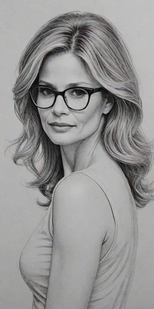 Wonderful Kyra Sedgwick, pencil sketch, portrait of Graceful woman 1961s in glasses, hair style beatnik, outline, clear lines, fine lines, 8k