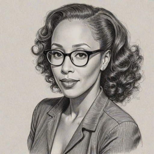 Enchanting Tamara Tunie, pencil sketch, portrait of Appealing woman 1947s in glasses, hair style beatnik, outline, clear lines, fine lines, 8k