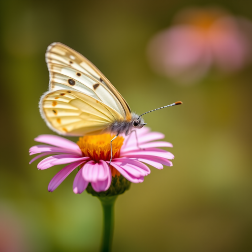 Macro photograph of a butterfly perched on a flower, shallow depth of field, aperture f/2.8, ISO 100, 1/200s shutter speed, taken with a DSLR camera, natural lighting, soft focus background.