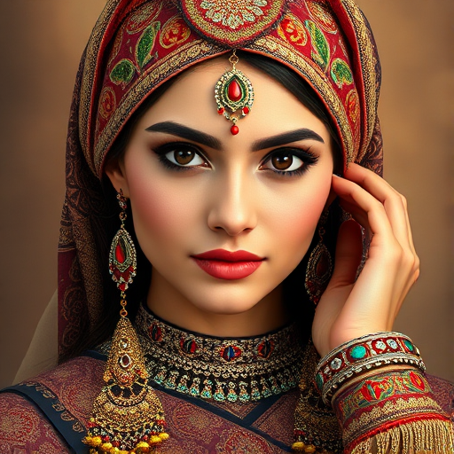 Create a portrait of a beautiful Turkish woman with striking black eyes and a gentle expression. She is adorned in traditional attire with intricate patterns, including a richly embroidered headscarf and matching garments. Her jewelry includes a delicate headpiece, dangling earrings, and ornate bracelets, all featuring vibrant gemstones and detailed metalwork. The background is soft and warm, enhancing the rich colors of her outfit and jewelry.