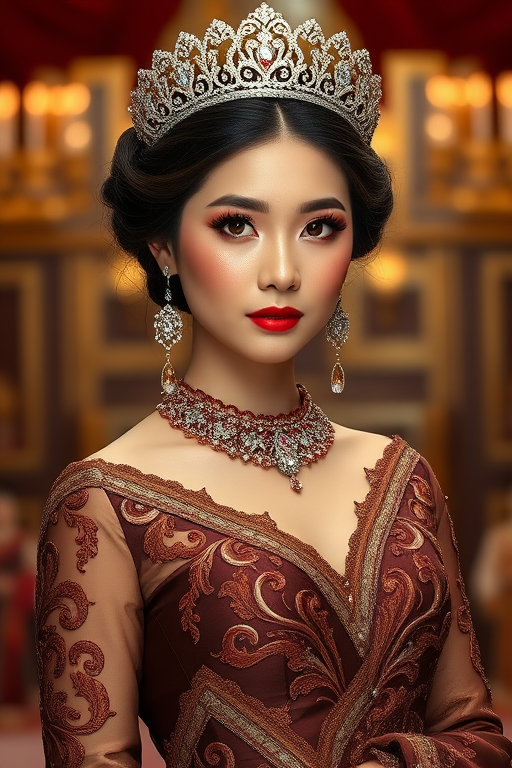 A gorgeous Hmong woman in a luxurious brown gown, accessorized with a dazzling tiara and statement earrings, her deep red eyes highlighted by impeccable makeup, poised in a royal setting, photorealistic, 8K quality