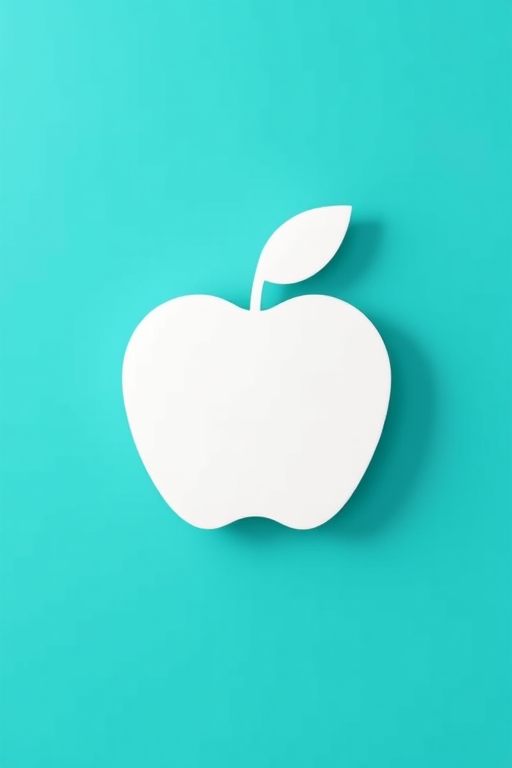 Create a high-resolution logo featuring a minimalist white apple on a turquoise background, using a 50mm lens with f/1.8 aperture, shot from a top-down angle with soft lighting to enhance detail and contrast, using a DSLR camera for optimal quality.