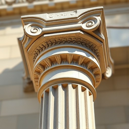 create a high-resolution image of a classic Corinthian column with intricate scrollwork at the top, captured with a DSLR camera using a 50mm lens, f/5.6 aperture, ISO 100, and a shallow depth of field for a soft background blur, shot in natural light for enhanced detail and contrasting shadows