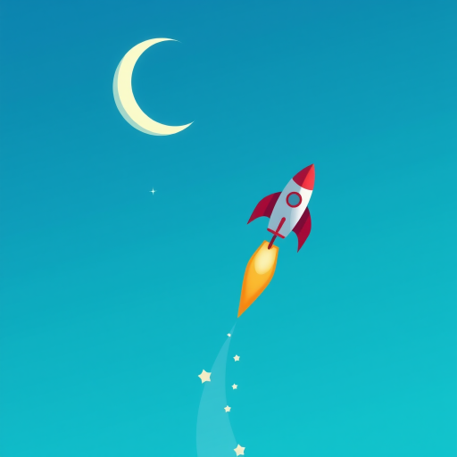 Create a vibrant illustration of a rocket launching into a bright blue sky with a crescent moon and stars, using a Canon EOS R5 with a 24-70mm f/2.8 lens, aperture set to f/8, shutter speed 1/250 sec, ISO 100, aerial view in a flat design style.