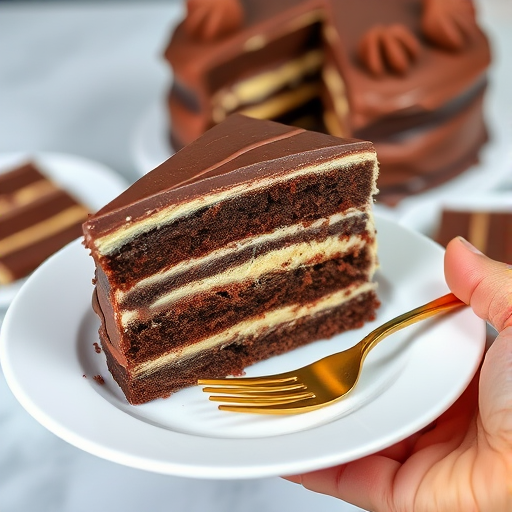 Delicious slice of layered chocolate cake on a white plate held by a hand with a gold fork nearby the cake with multiple layers including chocolate frosting and cream filling surrounded by additional cake slices in the background