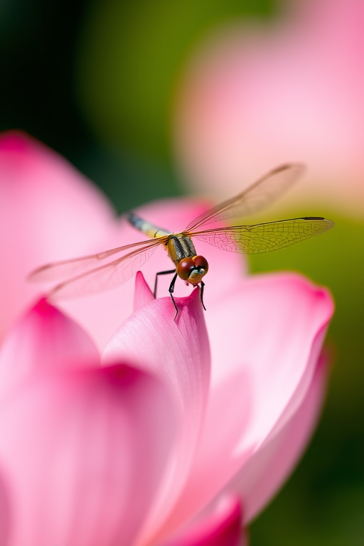 macro photograph of a dragonfly perched on a pink lotus flower with a shallow depth of field, f/2.8 aperture, 1/500 shutter speed, ISO 100, natural light, taken with a Canon EF 100mm f/2.8L Macro IS USM lens in a soft focus background.