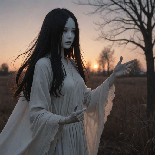 evening, sunset, natural lighting, faceless-humanoid focus, pointing, Dafaceless, long hair, black hair, no face, white_Dafaceless_cloth, 1faceless, intricately detailed illustration, depth of field, atmospheric perspective, horror (theme)