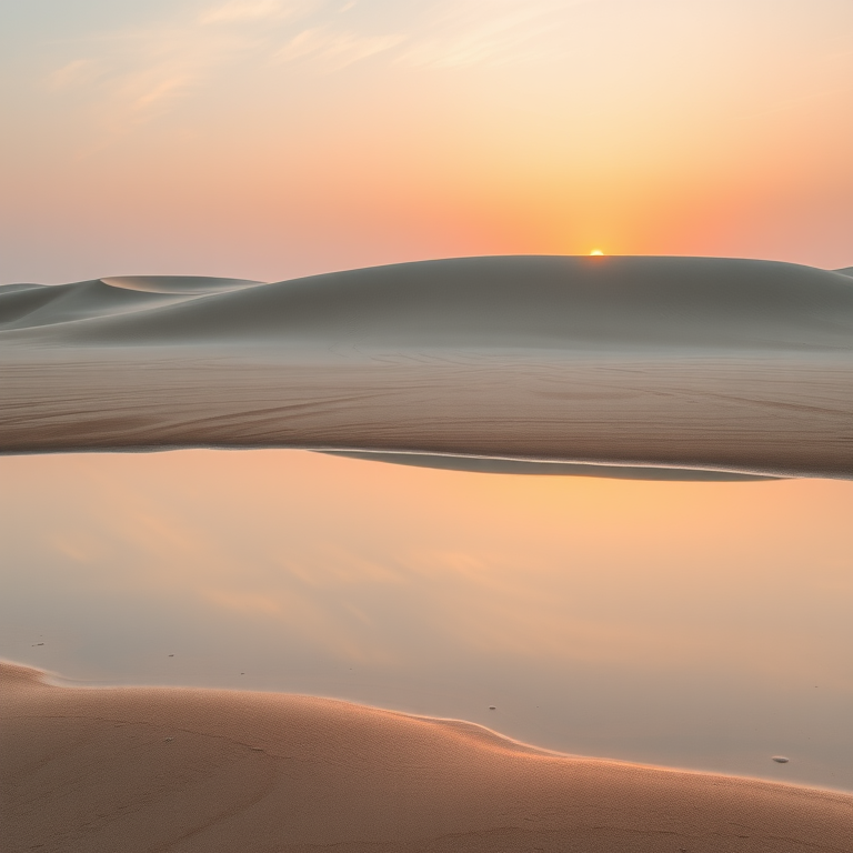 Generate a high-quality image of a serene beach landscape during sunset featuring gently sloping sand dunes reflecting in a calm tidal pool, shot with a Canon EOS 5D Mark IV, using a 24-70mm f/2.8 lens, aperture set to f/8, ISO 100, shutter speed 1/125 sec, 35mm view, and enhanced with soft, natural lighting.