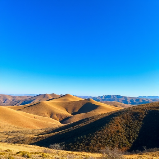Generate a high-resolution image of a serene landscape featuring rolling hills under a clear blue sky, captured with a DSLR camera at f/8 aperture, ISO 100, 1/250 second shutter speed, using a wide-angle lens with a focus on vibrant colors and sharp details.