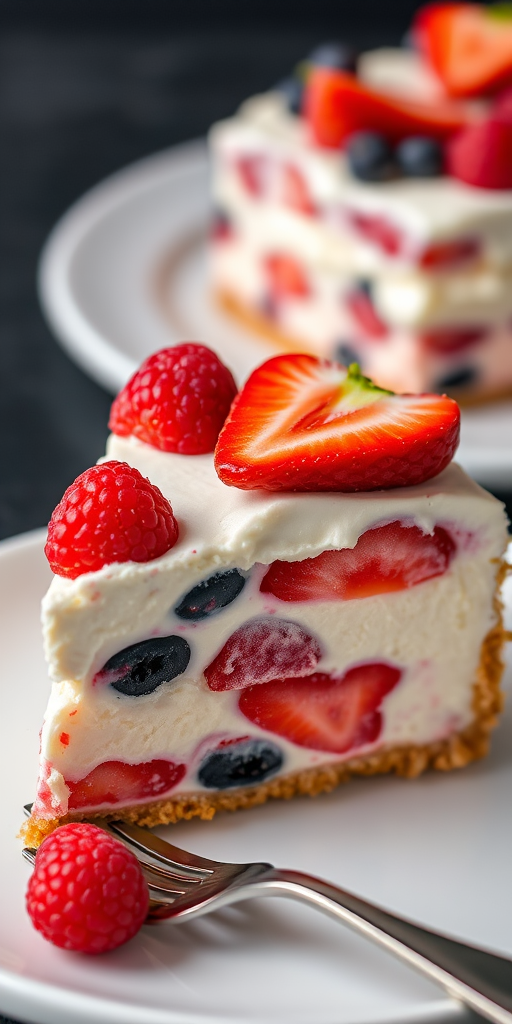 A close-up view of a slice of berry dessert with layers of cream and mixed berries including strawberries, raspberries, and blueberries on a white plate with a fork beside it, soft focus background with more dessert and a dark surface.