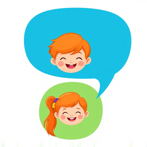 Create a flat design illustration featuring two cheerful cartoon children, one with short orange hair and a smiling expression in a blue speech bubble above, and one with long orange hair in a ponytail smiling in a green speech bubble below, with a white background, using a high-resolution vector style and a 50mm lens on a DSLR camera for crisp detail and vibrant colors.