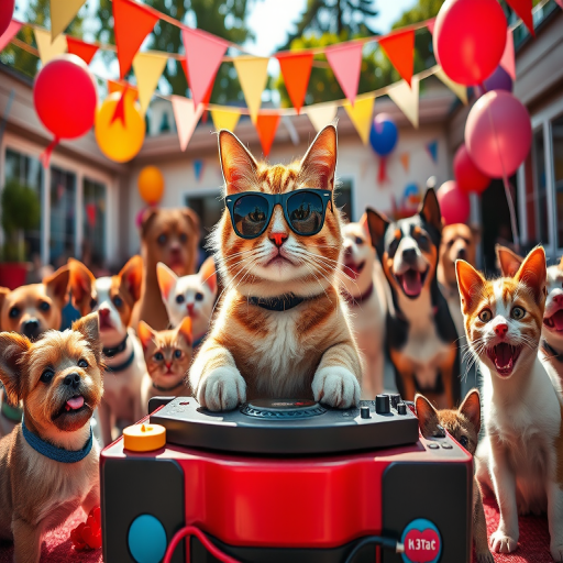 A lively outdoor party scene featuring a DJ cat wearing sunglasses, surrounded by various celebrating animals including dogs, cats, and small pets, vibrant decorations with balloons and bunting, bright sunlight illuminating the festive atmosphere, shot with a DSLR camera at f/2.8, ISO 200, shutter speed 1/500s, wide-angle lens to capture the playful environment.