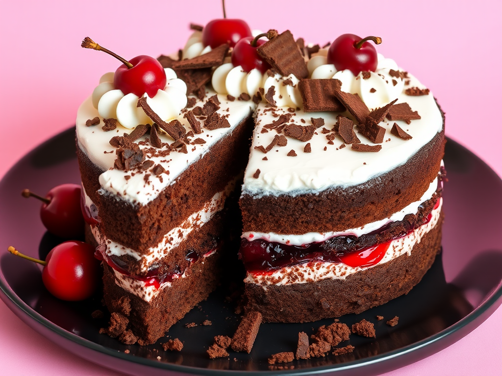 Chocolate layer cake with cherries and whipped cream topped with chocolate shavings on a dark plate against a soft pink background. The cake is sliced to reveal layers of chocolate cake and cherry filling.