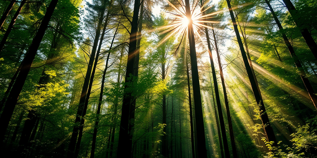 High-resolution photo of a lush green forest with sunlight streaming through tall trees, capturing rays of light, f/11 aperture, ISO 100, shutter speed 1/125s, wide-angle lens, DSLR camera, golden hour lighting, vibrant colors.