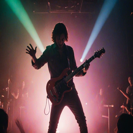 Blurry action shot of a guitarist mid-performance on a smoky stage, neon-colored lights flashing in the background, with faint silhouettes of an excited crowd raising their hands.