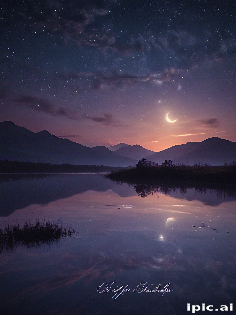 Serene Night Landscape with Crescent Moon Reflecting on Calm Water
