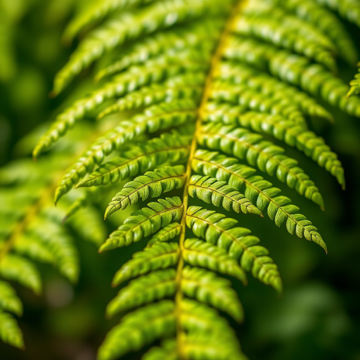 Capture a high-resolution close-up image of a vibrant green fern leaf, using a DSLR camera with a 50mm f/1.8 lens, aperture set to f/4 for depth of field, ISO 100 for clarity, and natural sunlight to enhance color saturation.