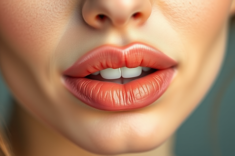 Soft peach woman lips with dewy finish, enhancing natural beauty and creating a fresh, youthful appearance