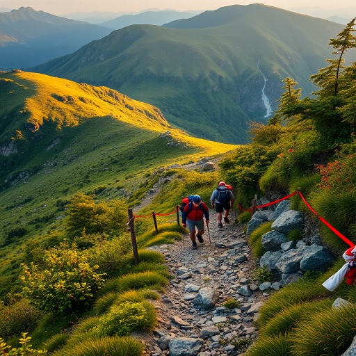 scenic mountain trail with hikers, vibrant greenery, rocky path, golden hour lighting, 24mm lens, f/8 aperture, ISO 200, shallow depth of field, DSLR camera