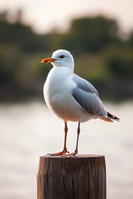 A close-up shot of a white and gray bird standing on a wooden post by the water, with soft, natural lighting; camera settings: f/4, ISO 100, shutter speed 1/200s; shot with a DSLR camera, wide angle lens, shallow depth of field.