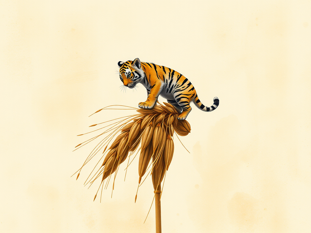 Soft, muted Alcohol Ink with ebru effect background image of tiny whimsical tiger, who climbed high on the top of a golden rye ear.