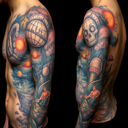 Surrealist tattoo known as "Dreamscape Fusion" blending impossible scenes and distorted imagery to create a mind-bending visual narrative across the body