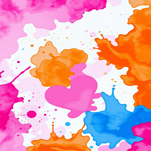 Create a vibrant abstract watercolor background with splashes of pink, purple, orange, and blue, using a Canon EOS R5 with a 50mm f/1.2 lens, f/8 aperture, 1/200s shutter speed, and ISO 100, shot from a top-down view in natural lighting.