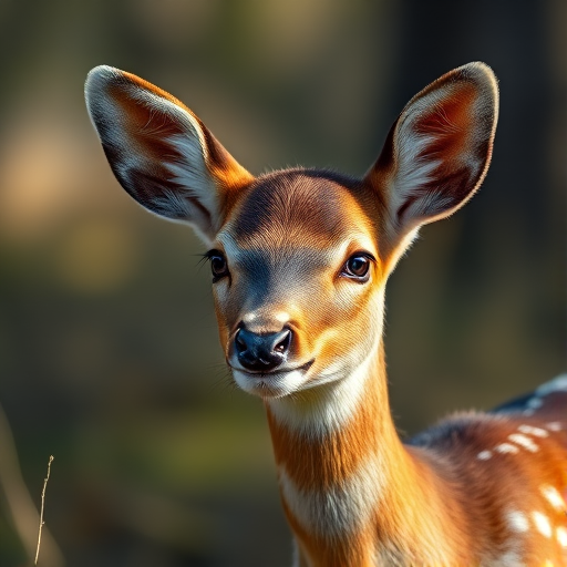 Capture a close-up of a young deer in a natural setting with a blurred background, using a Canon EOS 5D Mark IV, 85mm f/1.8 lens, aperture set at f/2.8, shutter speed at 1/250 sec, ISO 200, soft natural lighting.