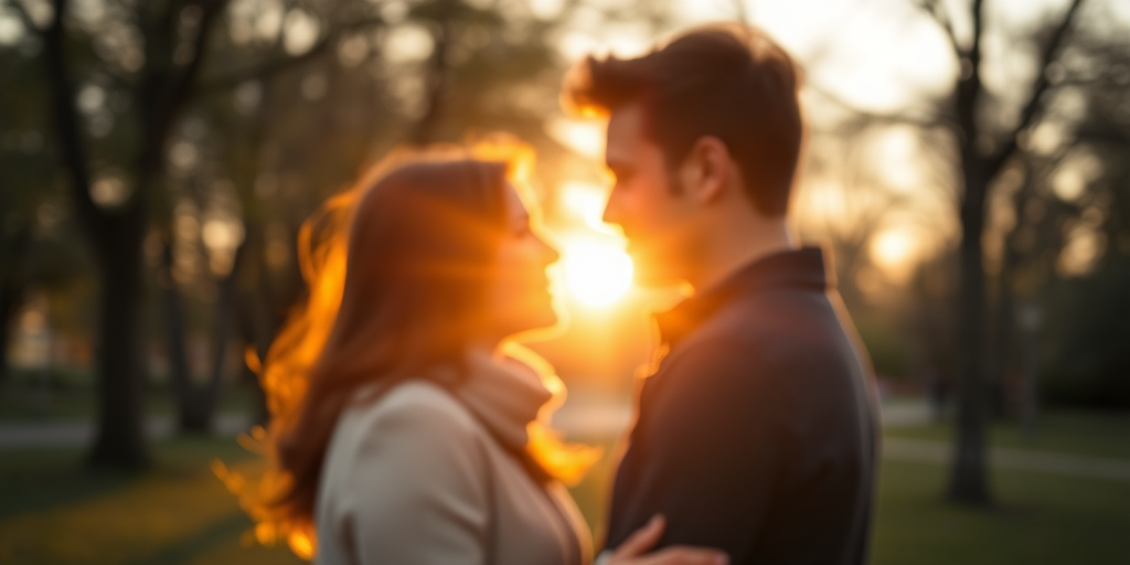 Blurry candid shot of a couple sharing a tender moment at a park during golden hour, with the sun setting behind them and soft light casting warm hues on their faces.