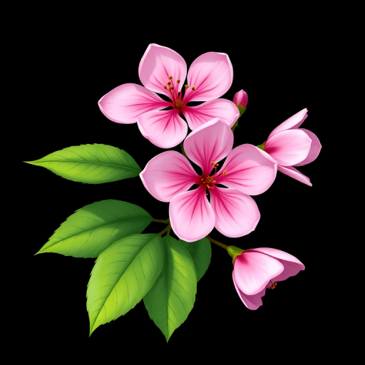 Generate a high-resolution illustration of cherry blossoms with three pink flowers and green leaves on a dark background, using a DSLR camera with a 50mm lens, aperture f/2.8, ISO 100, capturing in vibrant color and sharp detail, portrait orientation.
