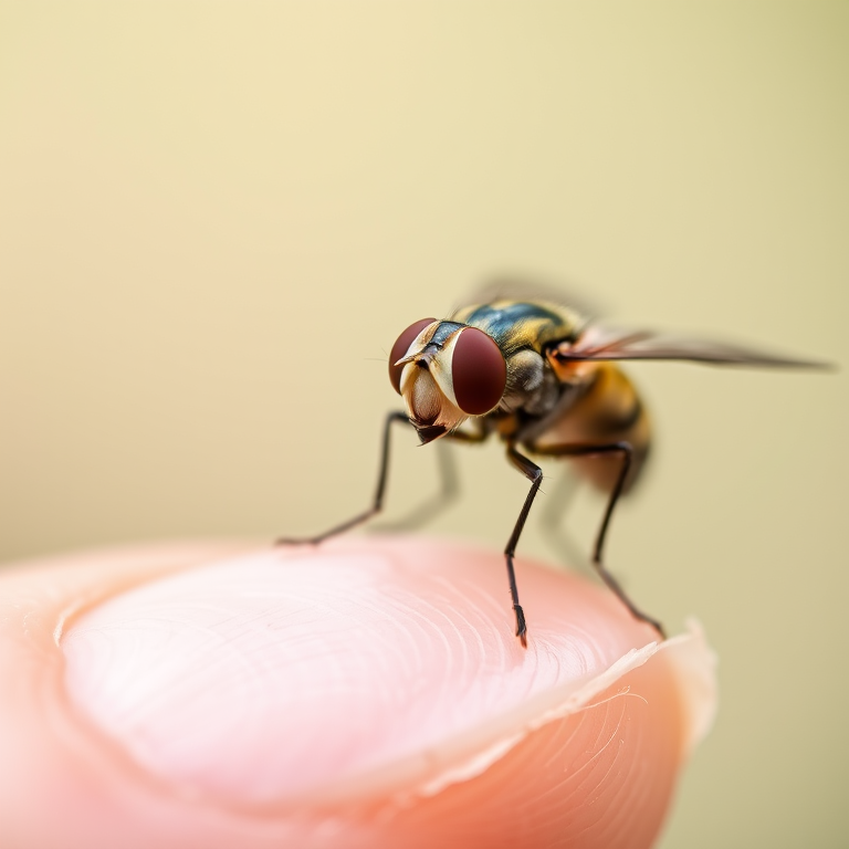 macro shot of a fruit fly perched on a fingertip, shallow depth of field, 100mm f/2.8 macro lens, exposure 1/100 sec, ISO 200, natural light, soft focus background, photographic style realistic, using a DSLR camera
