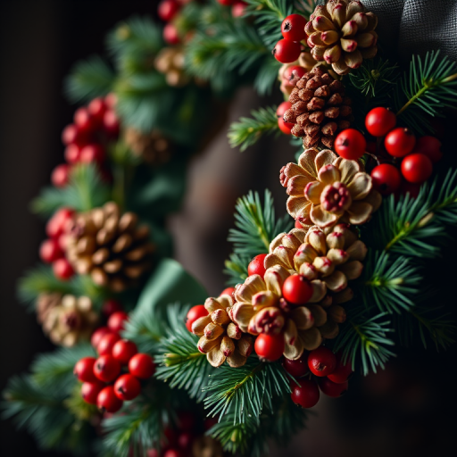 highly detailed floral wreath with pinecones and berries, soft lighting, macro lens, aperture f/2.8, ISO 100, 50mm lens, vibrant colors, dark background, shallow depth of field, high resolution