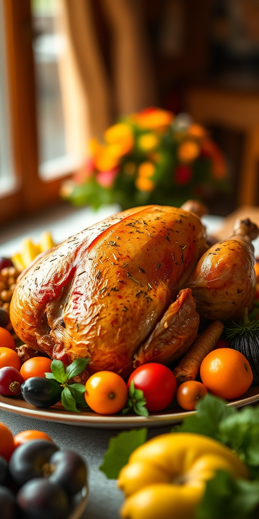 a beautifully roasted turkey on a large platter surrounded by colorful fruits and vegetables, warm natural lighting, shallow depth of field, taken with a DSLR camera, 50mm lens, aperture f/2.8, ISO 200, soft focus background
